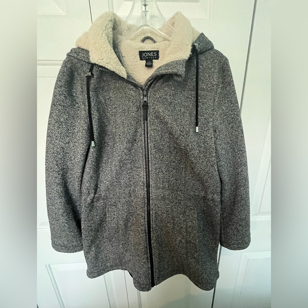 Jones New York Gray Lightweight Zippered Jacket with Sherpa Lined Hood Size L